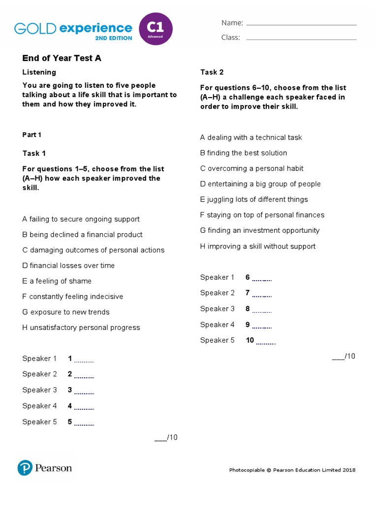 Gold Experience C1 (2nd Edition) - End of Year Test - Main Test A | PDF ...