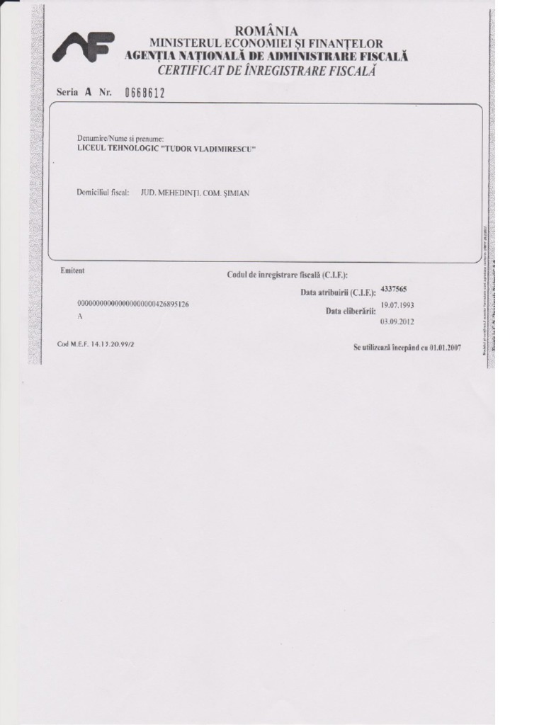 Certificat de Inregistrare Fiscala | PDF