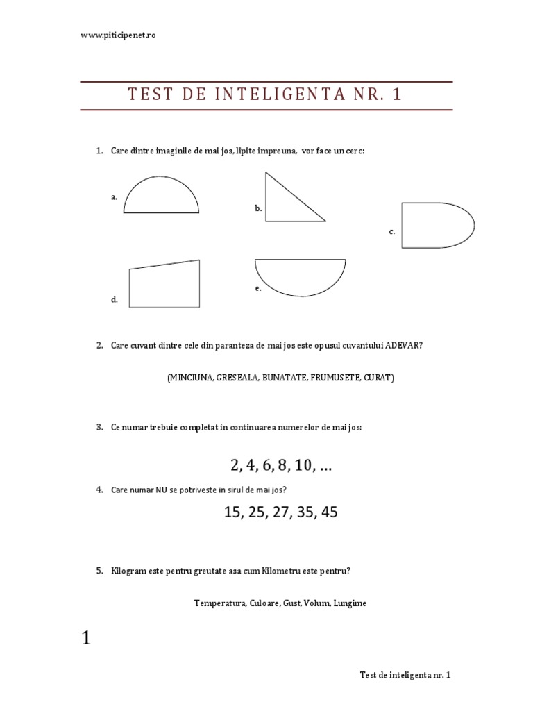 Test de Inteligenta NR 1 | PDF