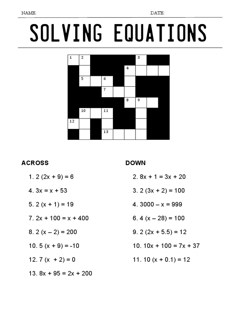 Solving Equations Crossword Puzzle | PDF