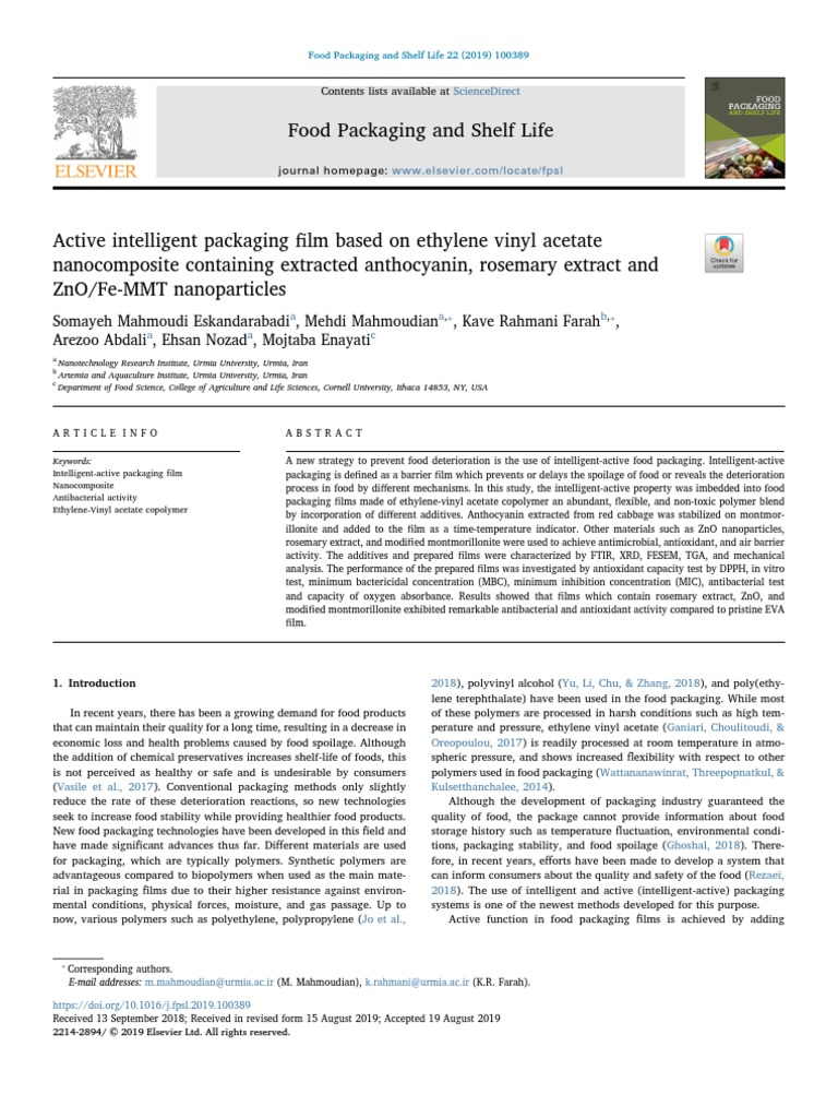 Food Packaging and Shelf Life Sciencedirect PDF Zinc Oxide