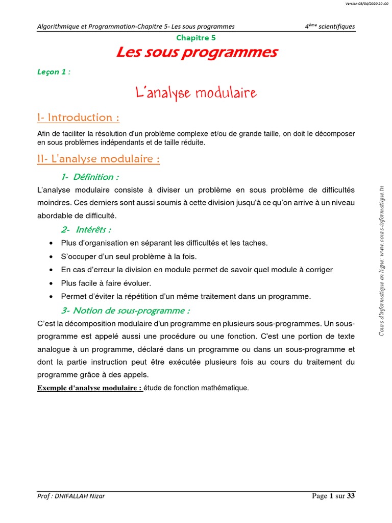 Sous-programmes en Algorithmique | PDF | Programme informatique ...