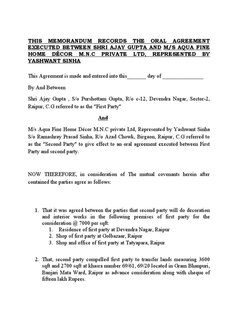 Memorandum of Oral Contract PDF Business Law Virtue