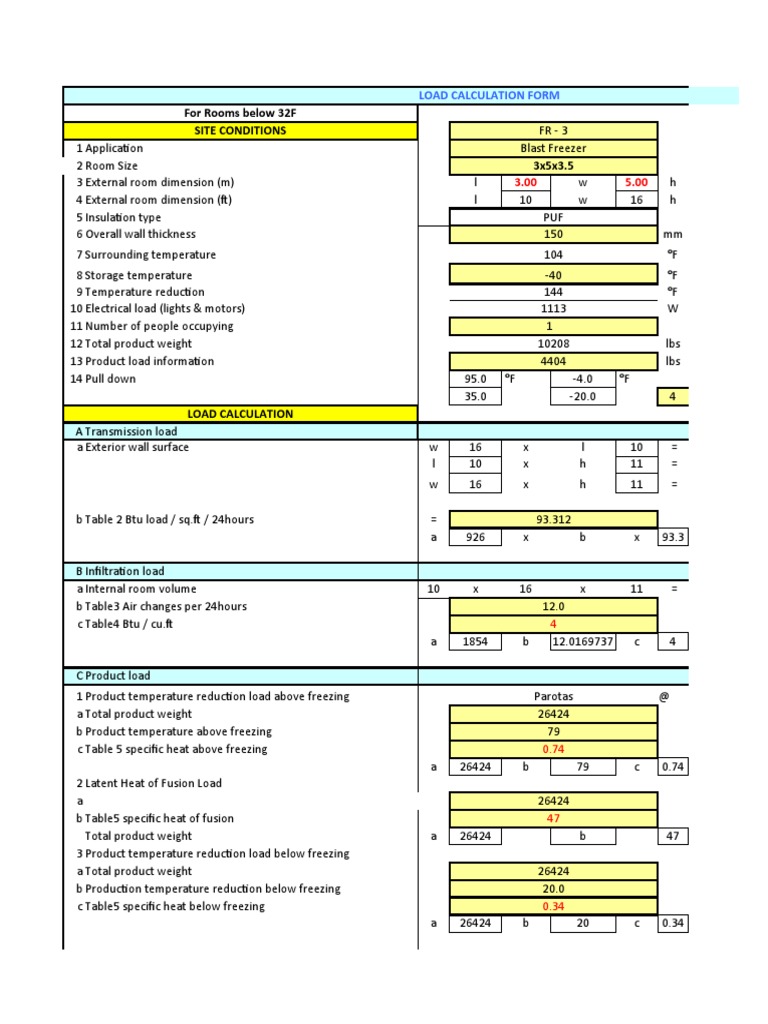 For Rooms Below 32F Site Conditions 3x5x3.5 Load Calculation Form PDF Freezing