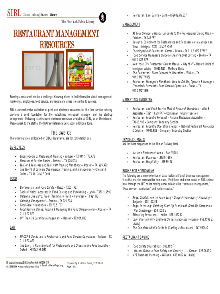 Restaurant Management Resources The Basics PDF Restaurants
