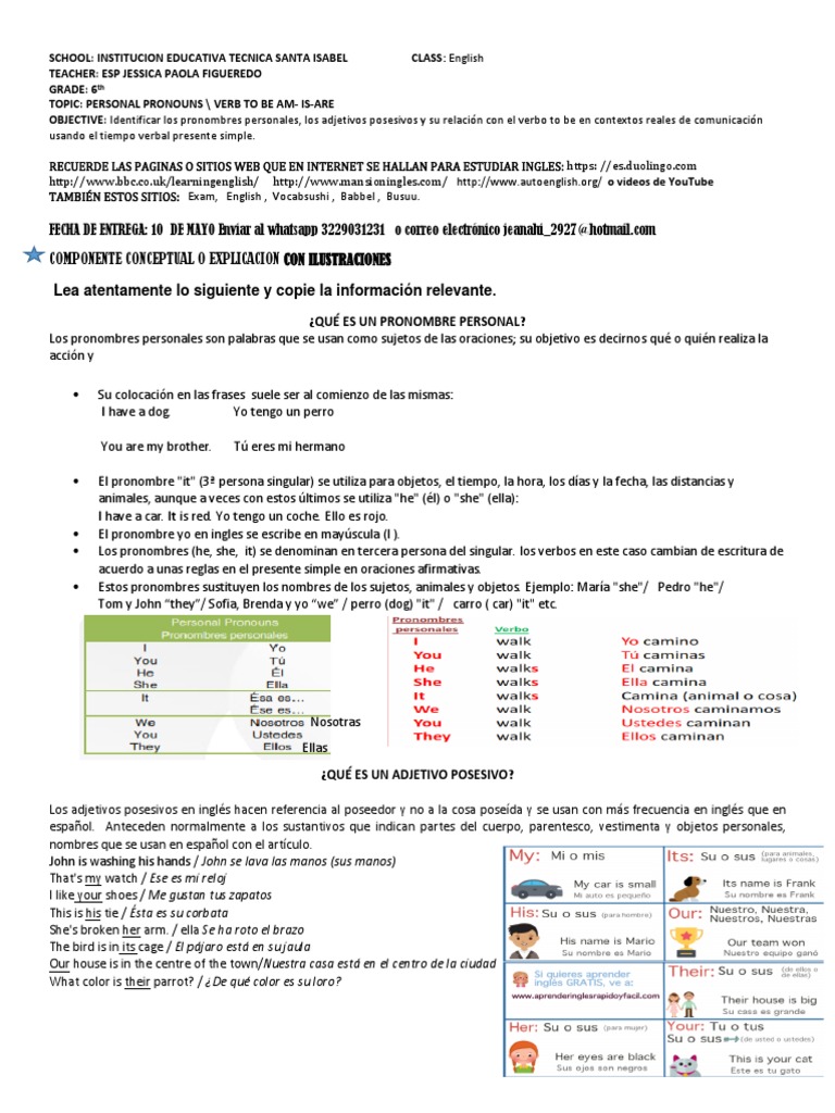 Guia de Ingles Grado Sexto | PDF | Verbo | Pronombre