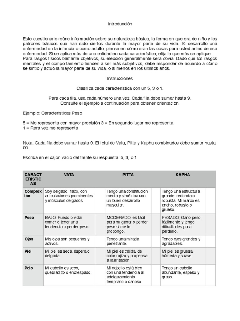 Test Dosha PDF Medicina Bienestar
