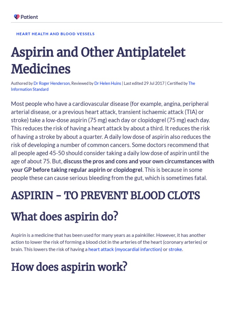 Aspirin (Plus Antiplatelet Medicines) What Is Aspirin Patient PDF