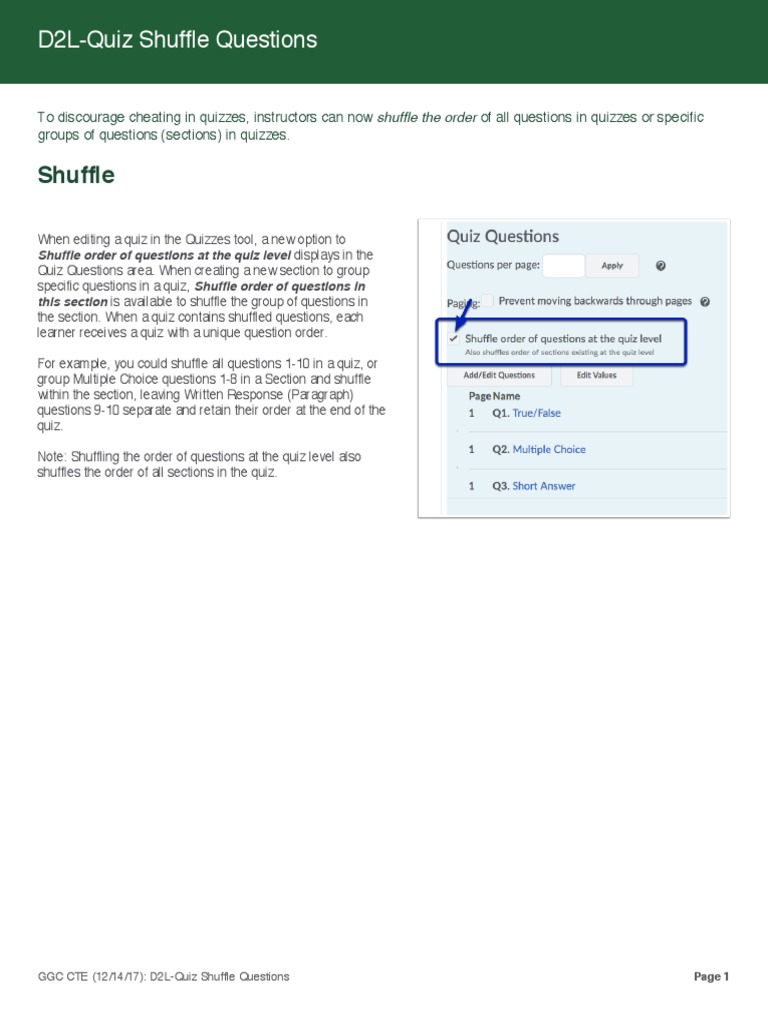 Shuffle Questions in D2L Quizzes | PDF