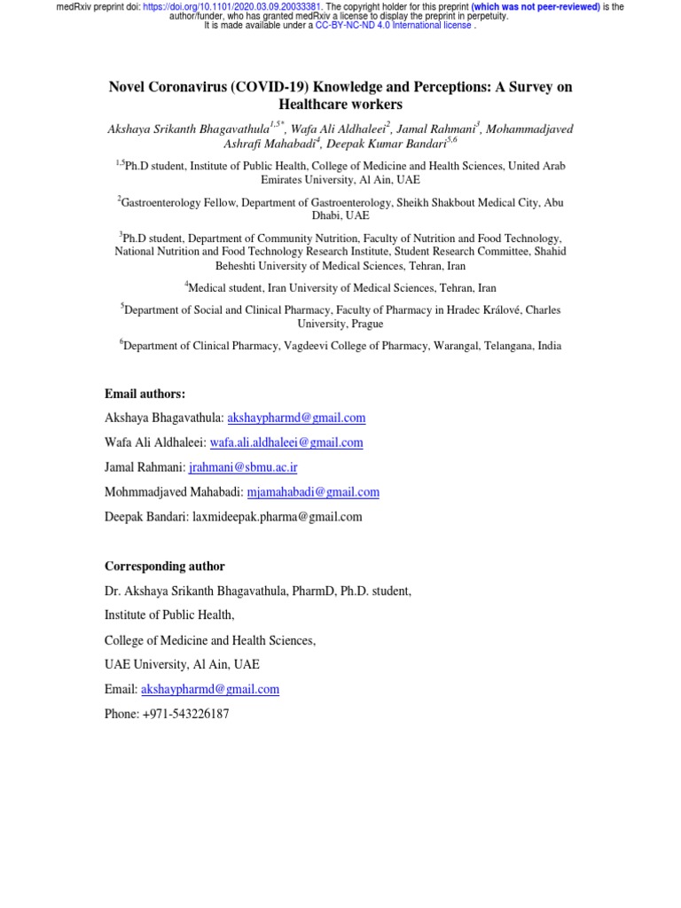 Novel Coronavirus COVID-19 Knowledge and Perceptio | PDF | Medical ...