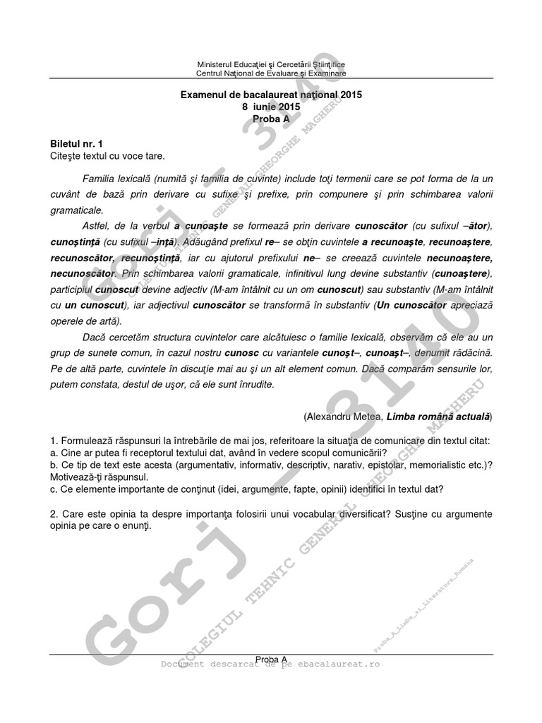 Modele Subiecte Proba Orala Romana | PDF
