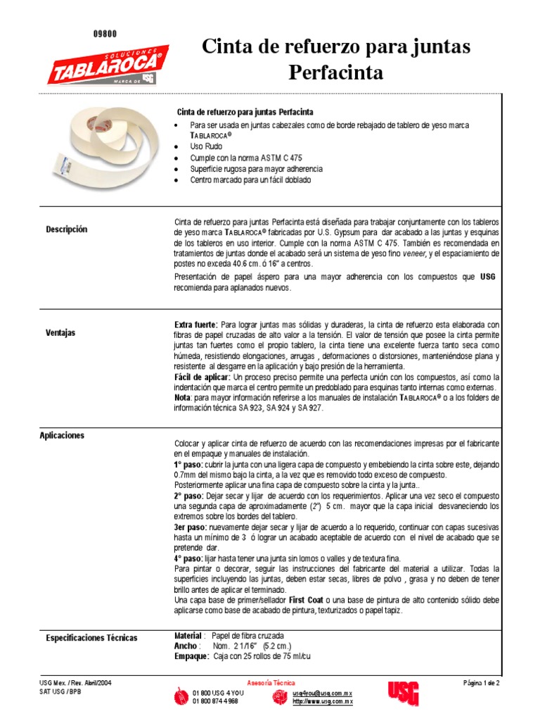 Cinta de Refuerzo Marca PERFACINTA | PDF | Paneles de yeso | Papel