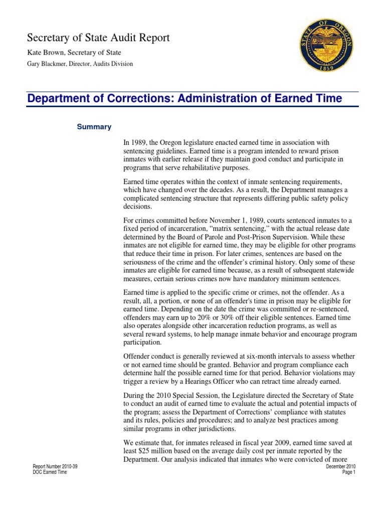 Oregon DOC Earned Time Audit Report | PDF | Mandatory Sentencing | Parole
