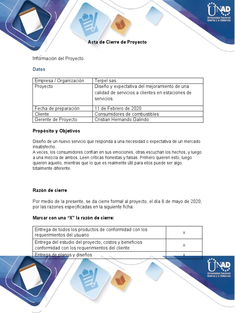 Acta de Cierre de Proyecto | PDF