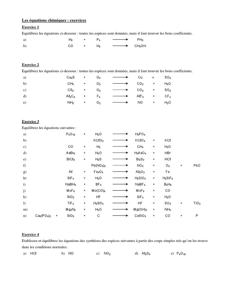 Exercices d'équilibrage d'équations chimiques | PDF | La combustion ...