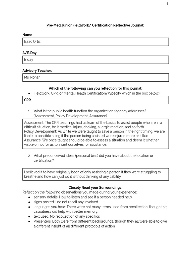 Isaac Ortiz 2019-2020 Junior Fieldwork Certification Reflective Journal ...