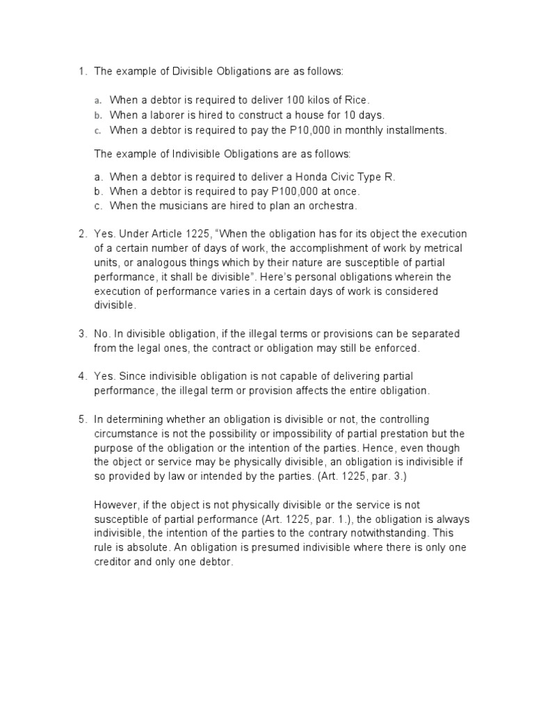 Divisible And Indivisible Obligations Private Law Justice