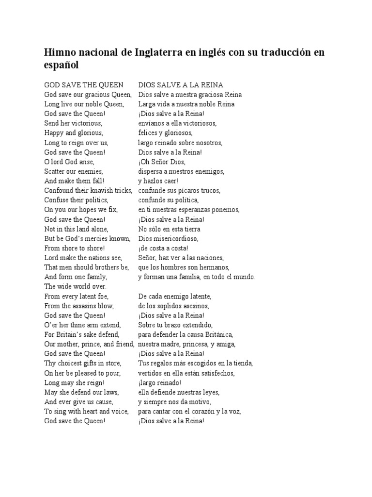 Himno Nacional de Inglaterra en Inglés Con Su Traducción en Español | PDF