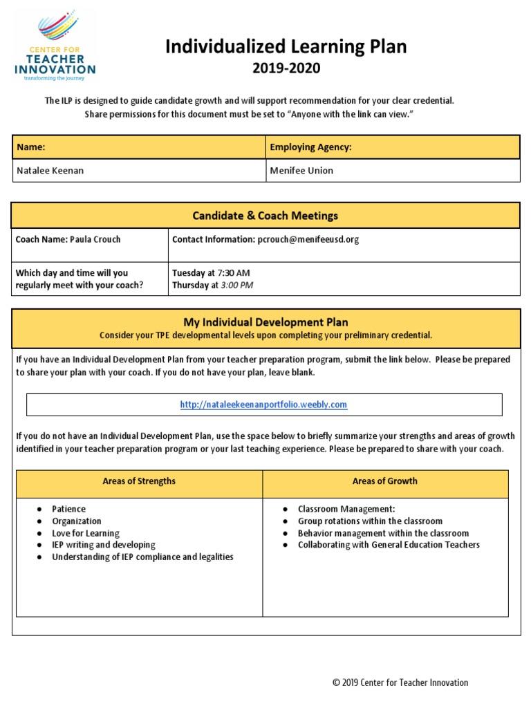 Keenan Natalee 19-20 Individualized Learning Plan Ilp Final 1 | PDF | Special Education | Teachers