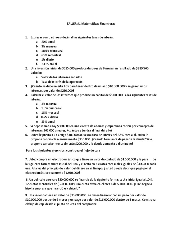 Taller 1 Matematicas Financieras | PDF | Interés | Tasas de interés