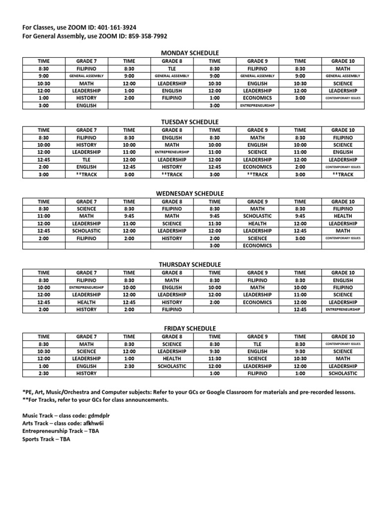 Weekly Class Schedule with Zoom IDs | PDF | Youth | Students