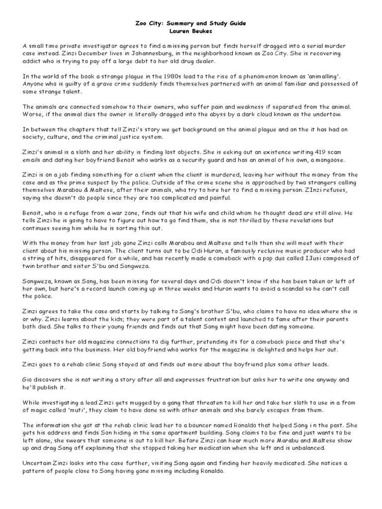 Zoo City: Summary and Study Guide Lauren Beukes | PDF
