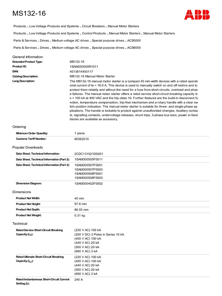 1SAM350000R1011 ms132 16 Manual Motor Starter | PDF | Alternating ...