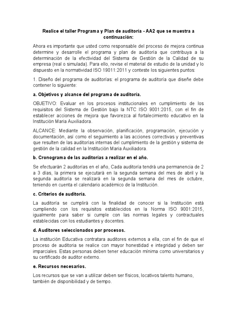 Programa y Plan de Auditoría ISO 9001 | PDF | Auditoría | Gestión de la ...