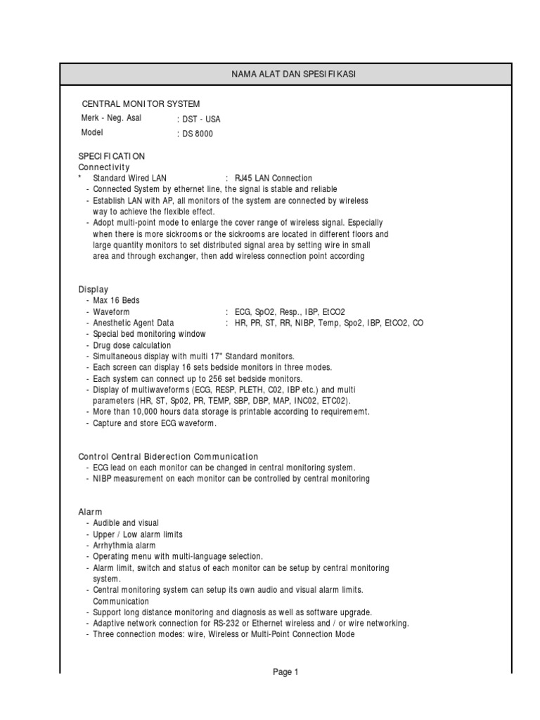 Spesifikasi Central Monitor PDF Monitoring (Medicine) Computer