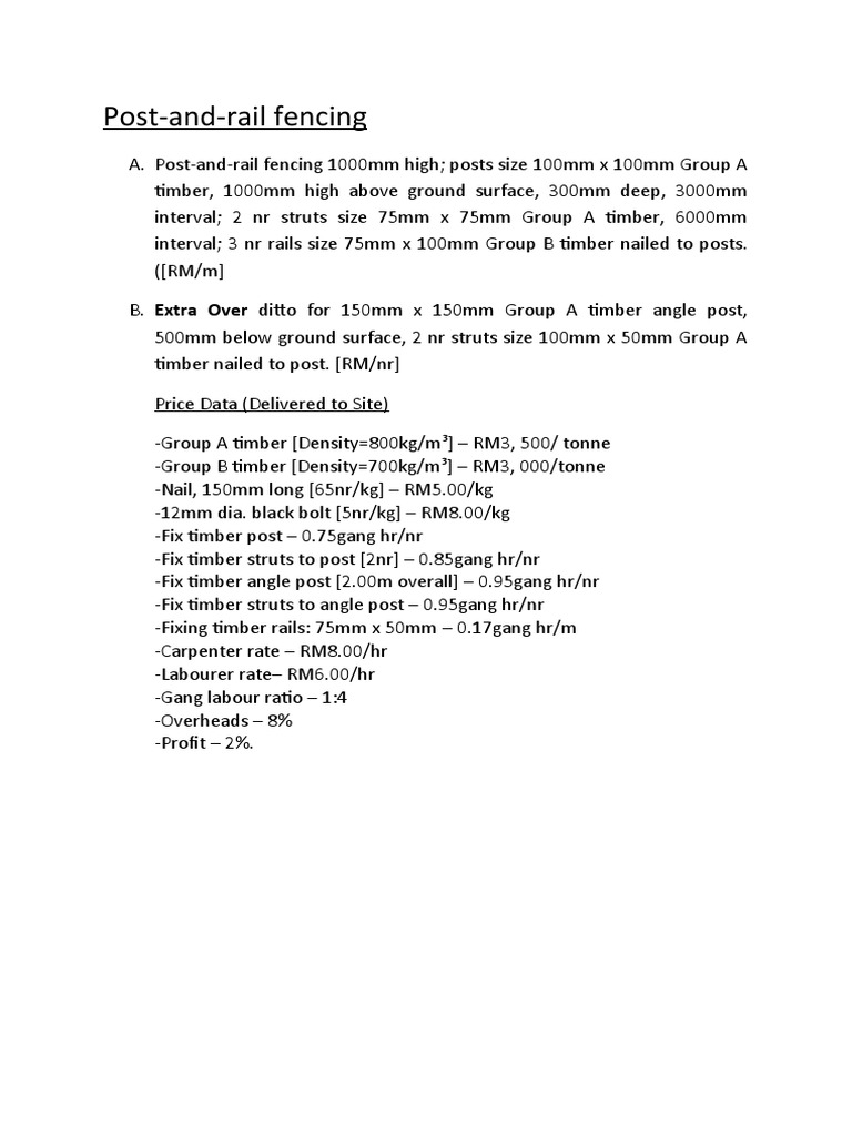 PostandRail Fencing Cost Estimation Detailed Calculation of Materials, Labor, and Rates for 6