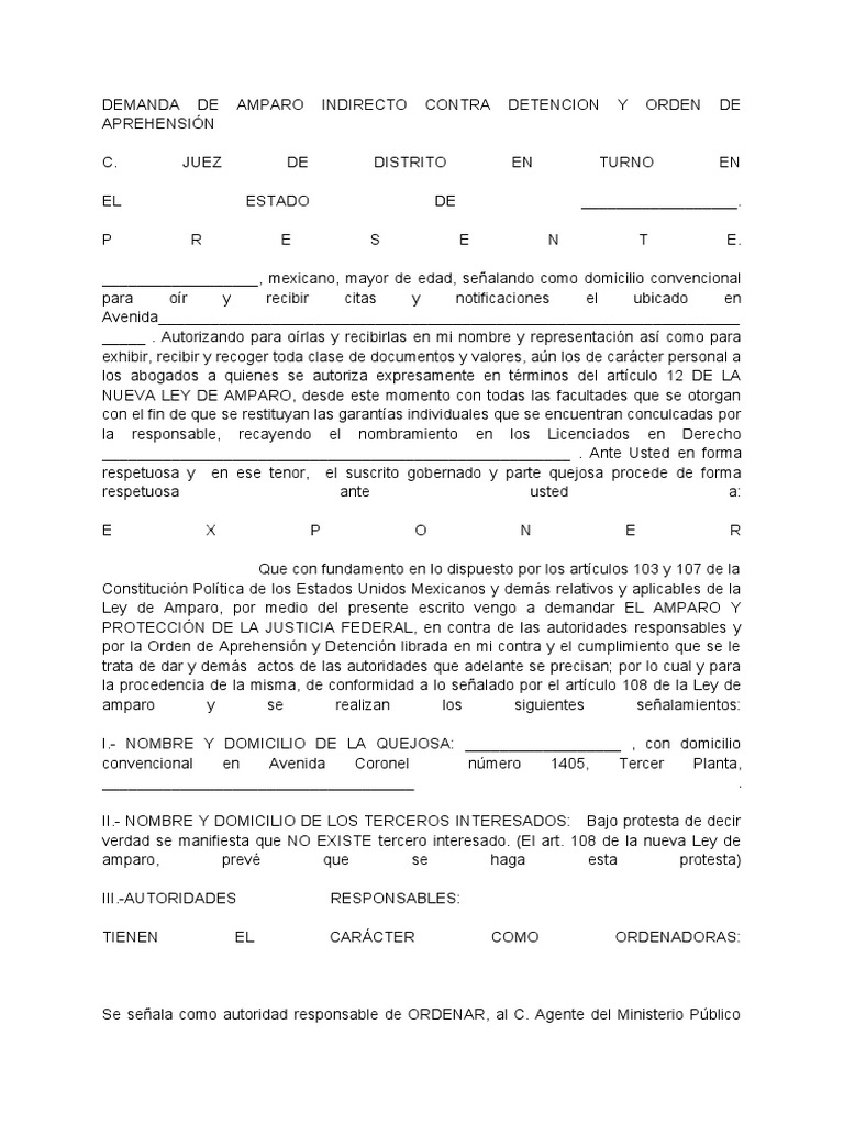 Demanda de amparo indirecto contra orden de detención y aprehensión ...