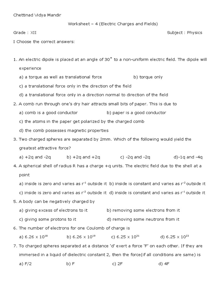 Worksheet 4 (Electric Charges and Fields) | PDF