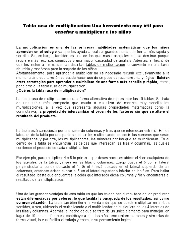 Tabla Rusa de Multiplicación PDF Multiplicación Memoria