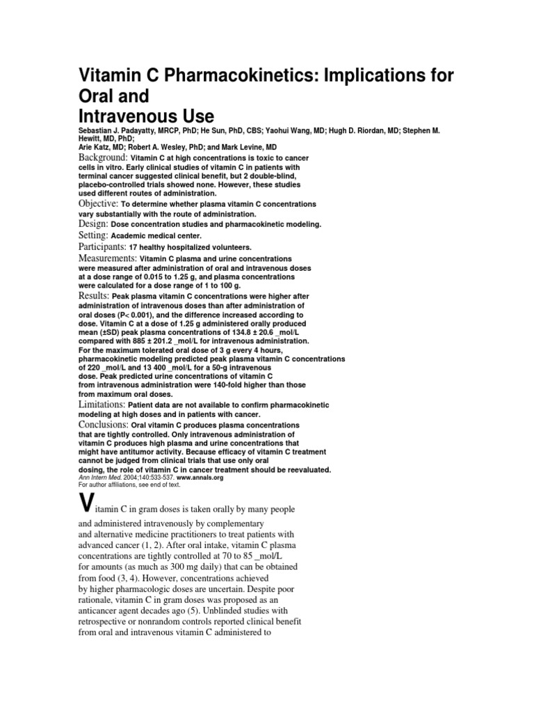 Vitamin C Implications For Oral and Intravenous Use