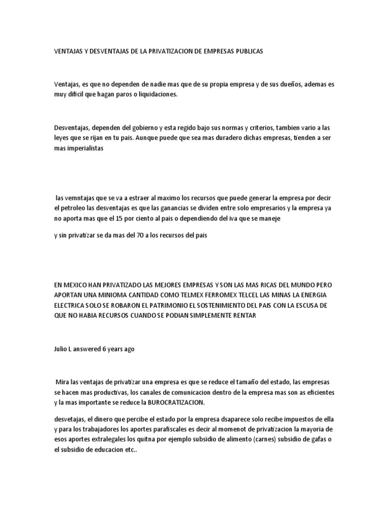 Ventajas y Desventajas de La Privatizacion de Empresas Publicas | PDF