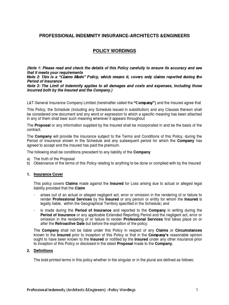 Professional Indemnity Policy Wordings Architects Engineers PDF
