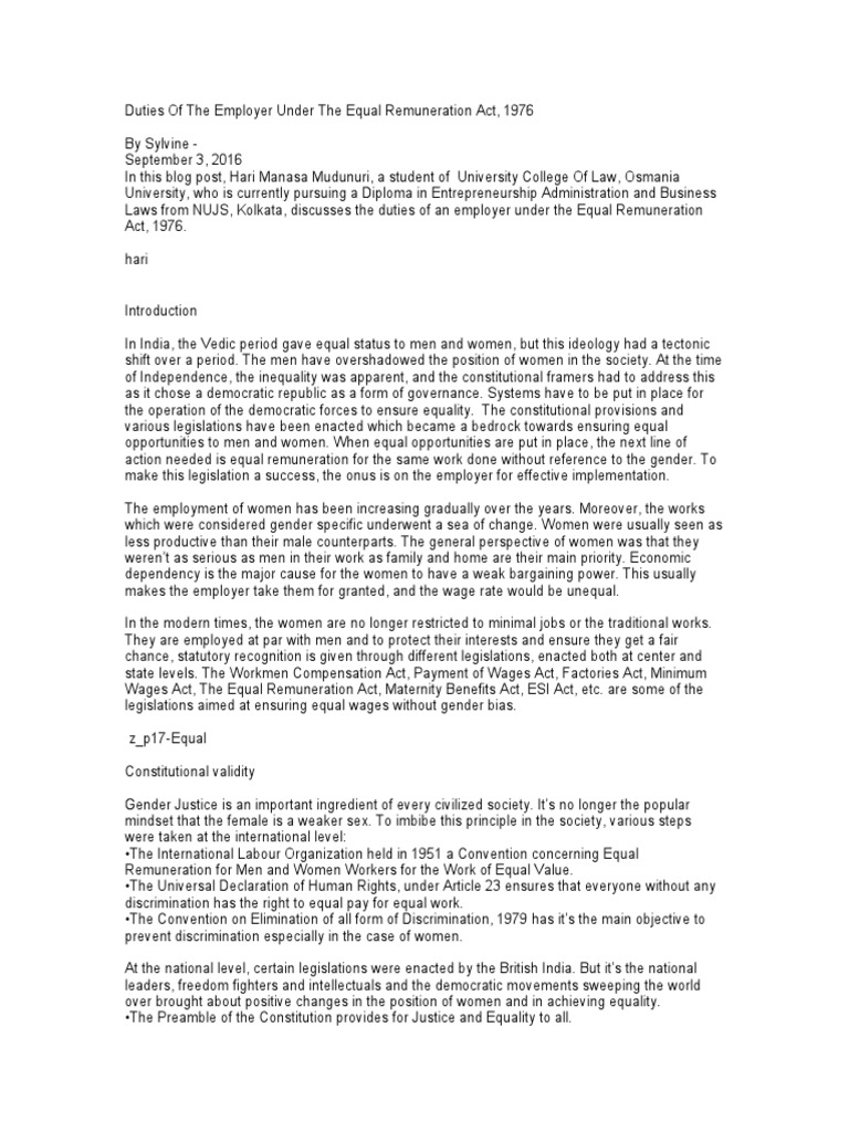 Employer Duties Under Equal Remuneration Act | PDF | Equal Pay For ...