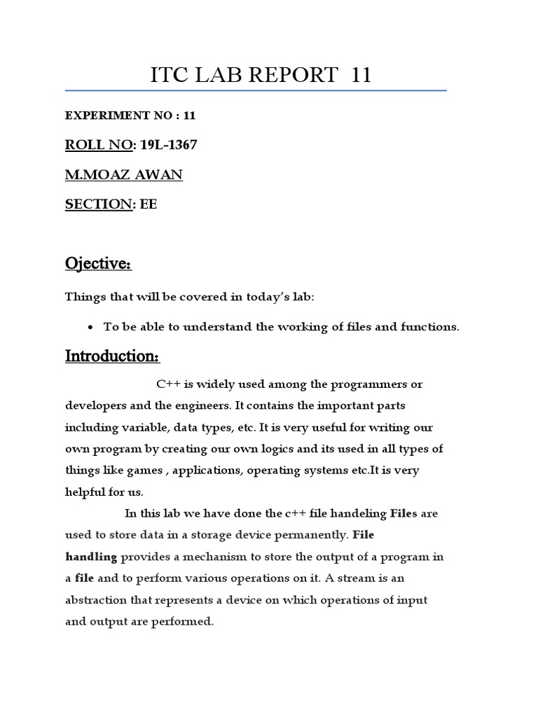 C++ File Handling in ITC Lab Report 11 | PDF | C++ | Input/Output