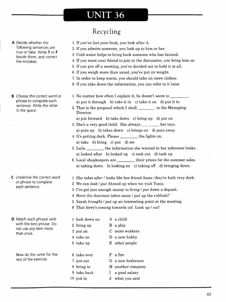 Unit 36 Recycling Phrasal Verbs PDF Phrase Asthma