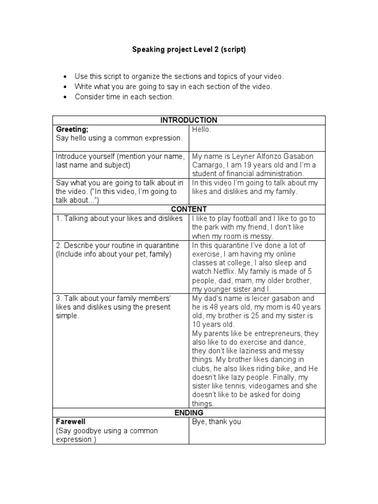 Speaking Project Level 2 (Script) | PDF