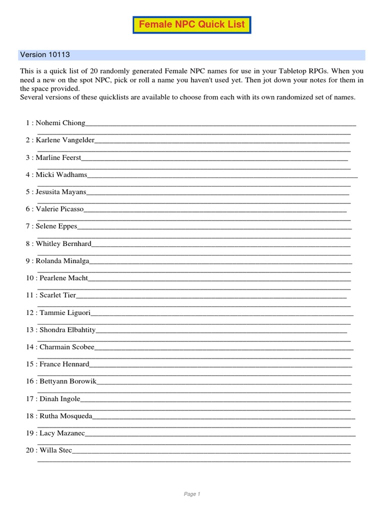 Female RPG NPC Name List | PDF | Leisure