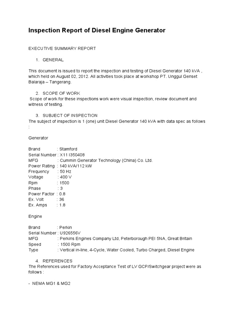 Diesel Generator Inspection Report | PDF | Electric Generator | Diesel ...