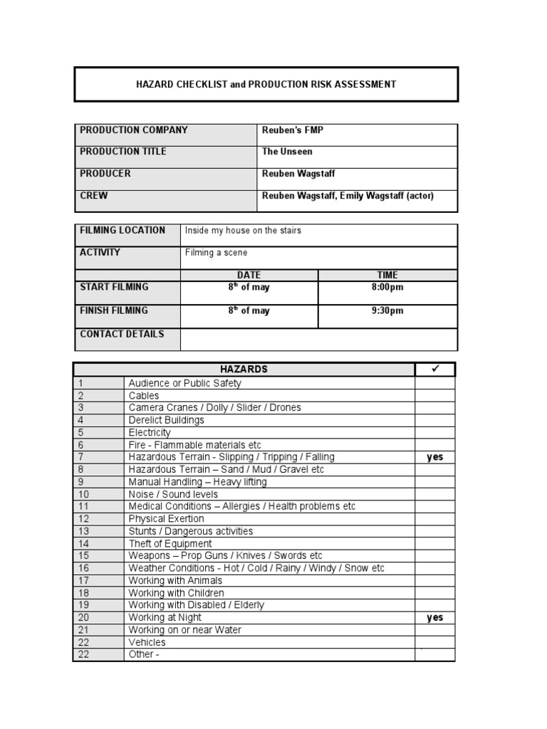Film Production Risk Assessment Checklist | PDF | Risk | Prevention