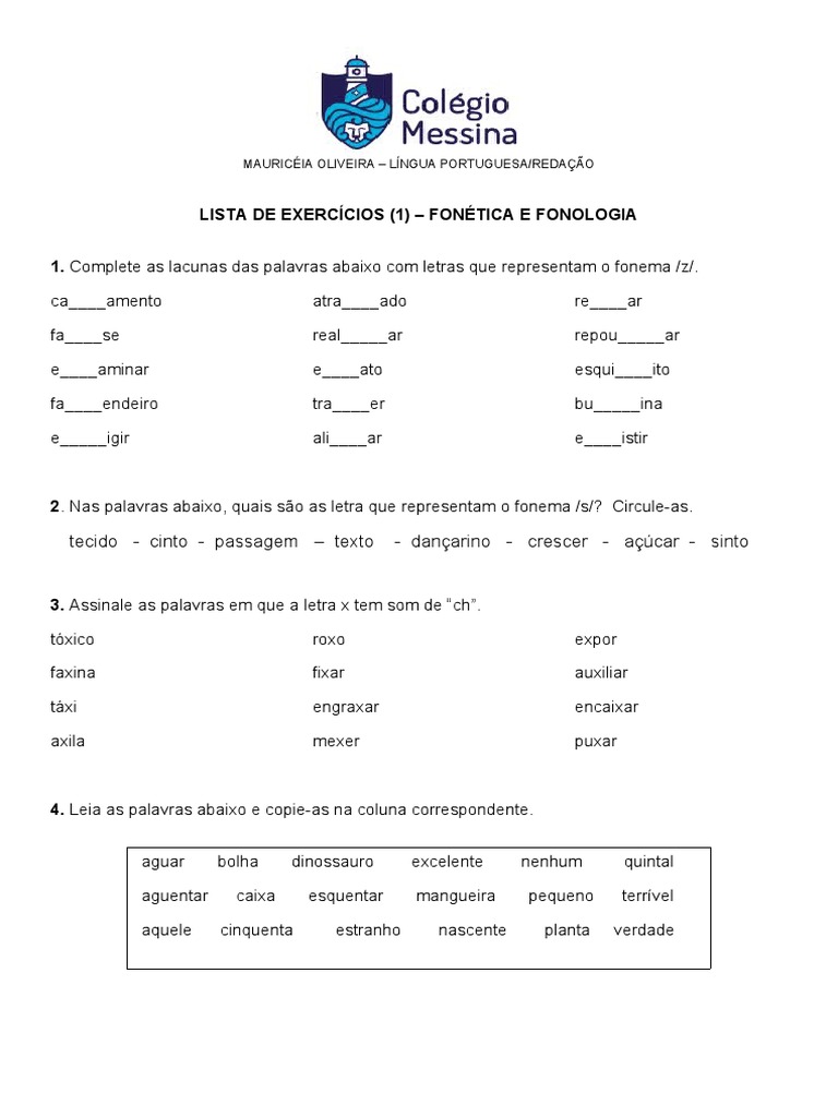 Lista de exercícios sobre fonética e fonologia para aprimorar a ...