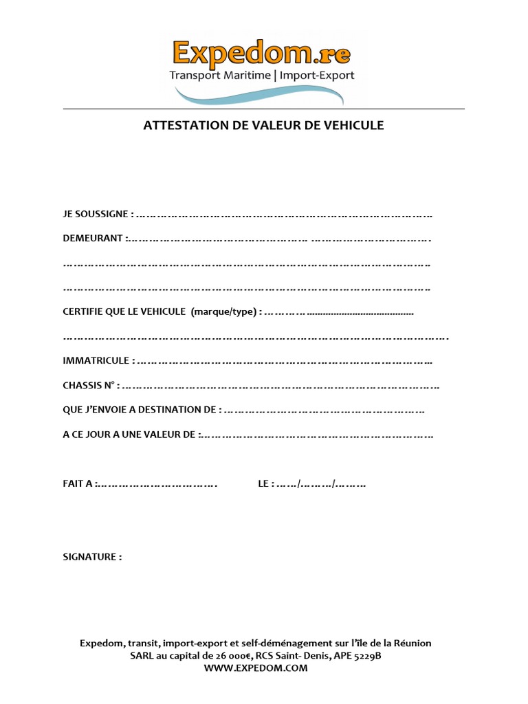 Attestation de Valeur Vehicule - Expedom | PDF | Commerce | Business