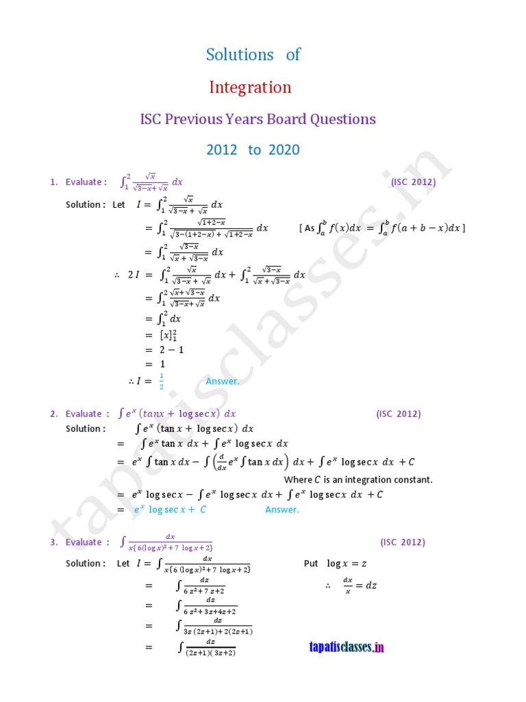 Integration. Previous Years Board Questions 2012 To 2020 With Solutions ...