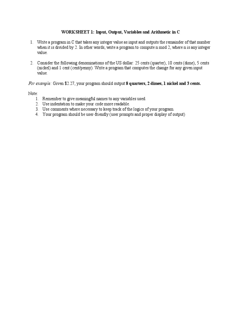 WORKSHEET 1: Input, Output, Variables and Arithmetic in C | PDF | Computers
