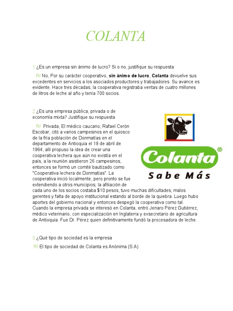 Colanta: Cooperativa Lechera Privada S.A. | PDF | Cocina, comidas y vino