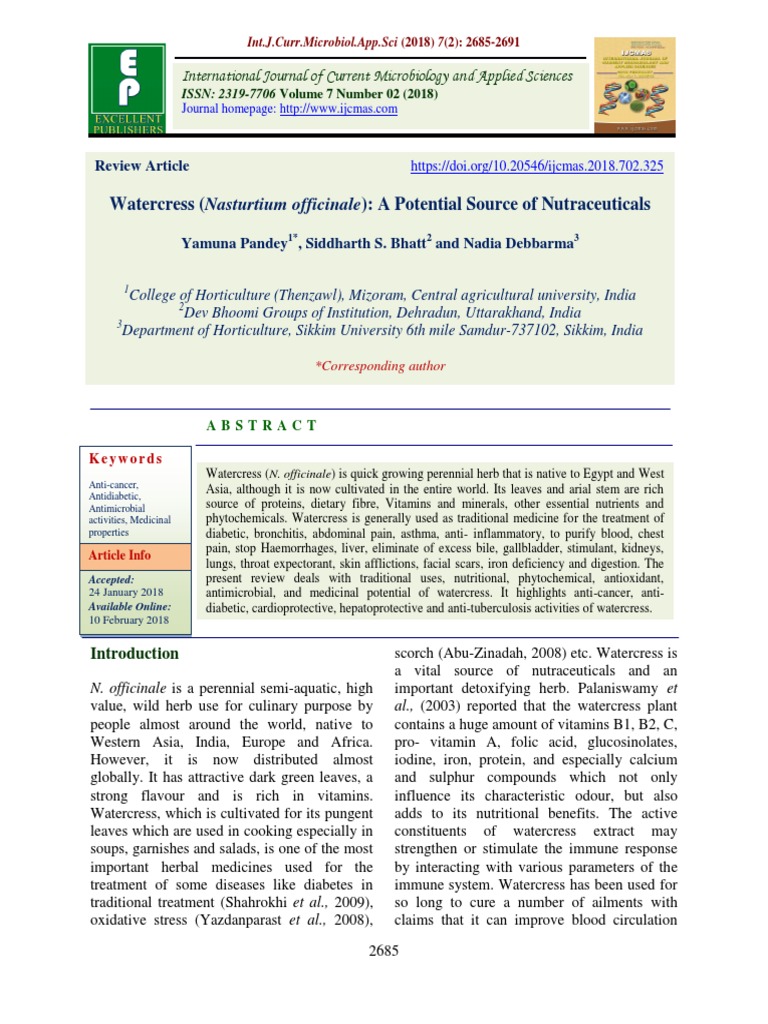 Watercress (Nasturtium Officinale) A Potential Source of