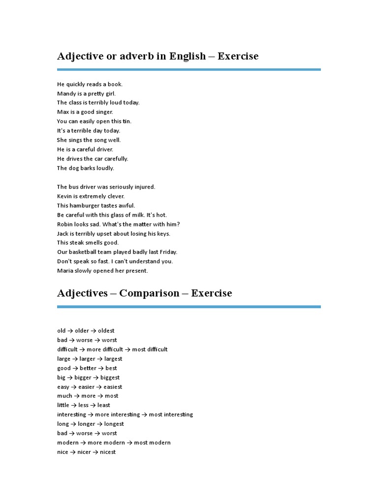 Adjective and Adverb Exercises in English | PDF | Language Arts ...